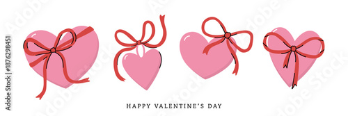 Happy Valentine's day greeting card with cute pink heart and bow. Red ribbon for love holidays season banner and background. -Vector
