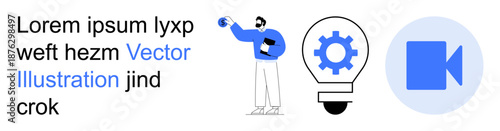 Business strategy, remote work, education tools, idea generation, creative solutions, technology integration. Person holding an object, gear inside a lightbulb video icon. Business strategy