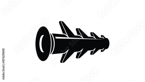 Black screw with sharp threads and flat head on white background for industrial use