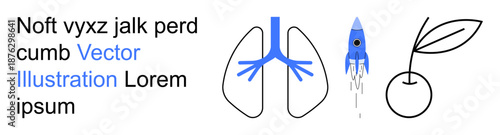 Health, exploration, growth, innovation, sustainability, minimalism. Abstract icons of lungs, rocket and sprout. Health and exploration in minimalist line art style