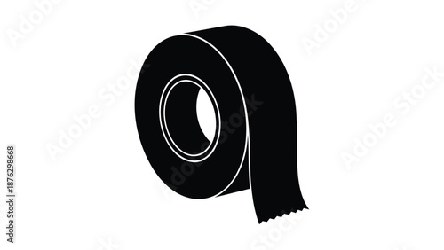 Black roll of tape unrolled on white background adhesive strip with serrated edge