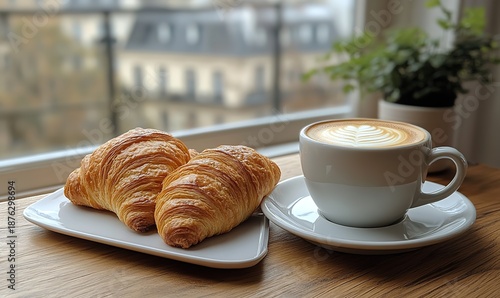 Two fresh golden croissants and creamy latte coffee on wooden table by window