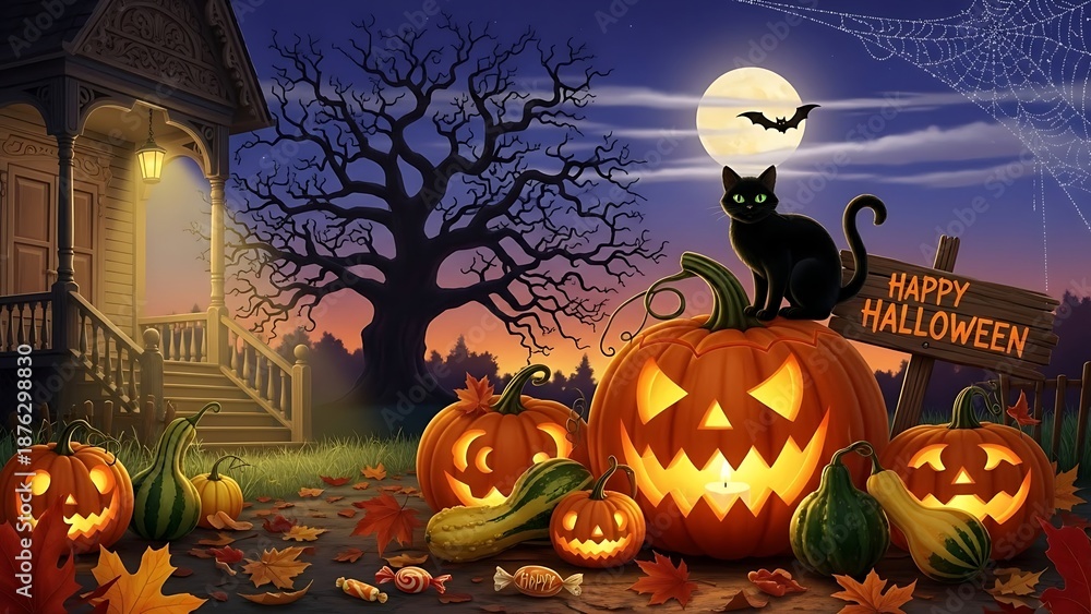 Fototapeta premium Black cat sits on large jack o'lantern with bats flying under full moon at spooky halloween night