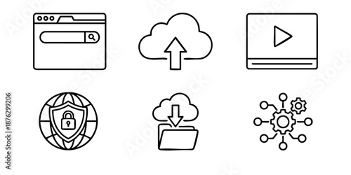 Digital icons representing various online concepts and services are displayed on a clean white background.