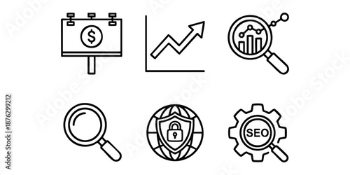 Financial analysis icons illustrating business growth and security measures in a digital landscape viewed from a professional perspective
