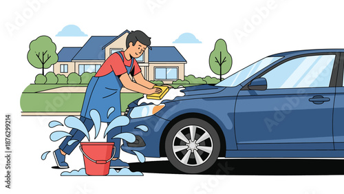 Vector illustration of a person washing and detailing a generic car in a driveway, automotive care hobby concept with clean flat style and solid color design