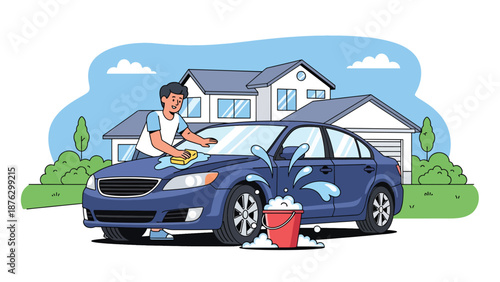 Vector illustration of a person washing and detailing a generic car in a driveway, automotive care hobby concept with clean flat style and solid color design