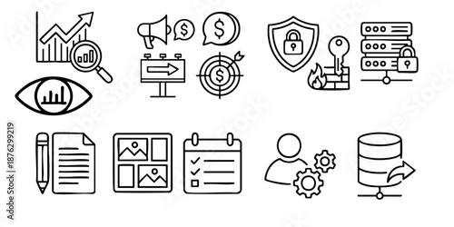 Data Analysis and Security Icons Representing Business and Technology Concepts