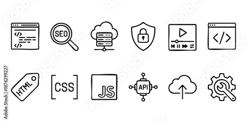 A collection of icons representing web development concepts and technologies displayed in a grid layout on a white background