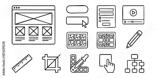 A collection of icons representing web design elements and tools outlined in black on a white background