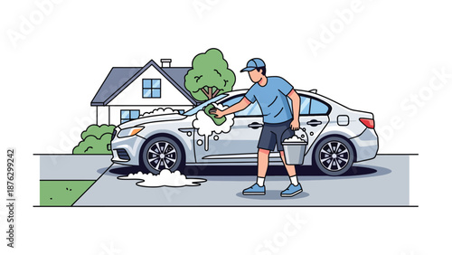 Vector illustration of a person washing and detailing a generic car in a driveway, automotive care hobby concept with clean flat style and solid color design