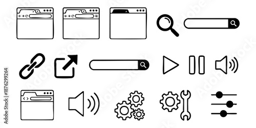 A collection of simple line icons representing various web browsing and media control elements