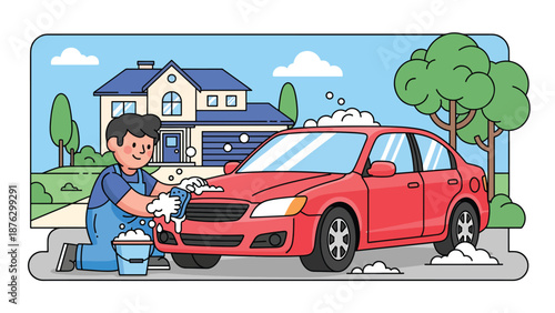 Vector illustration of a person washing and detailing a generic car in a driveway, automotive care hobby concept with clean flat style and solid color design