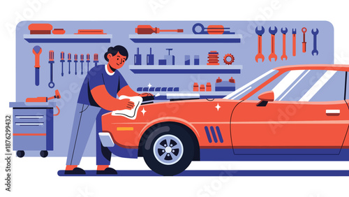 Flat vector illustration of a mechanic or car enthusiast polishing vehicle exterior in a garage, automotive detailing hobby with tools, focus, and solid color flat design