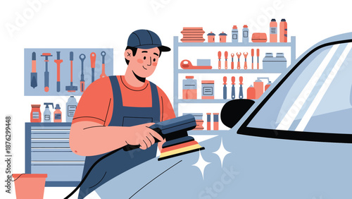 Flat vector illustration of a mechanic or car enthusiast polishing vehicle exterior in a garage, automotive detailing hobby with tools, focus, and solid color flat design