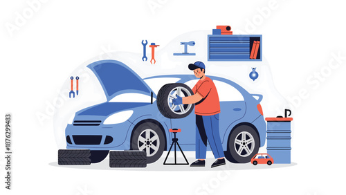 Vector illustration of a mechanic person changing wheels and tires on a generic car, automotive modification hobby scene in a clean flat vector style