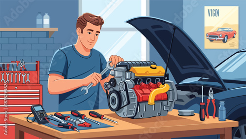 Vector illustration of a mechanic or car enthusiast tuning a generic engine on a workbench, automotive hobby and mechanical passion in flat vector style