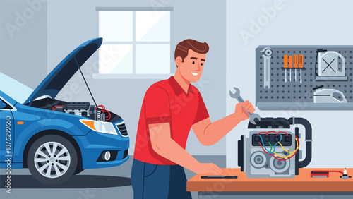 Vector illustration of a mechanic or car enthusiast tuning a generic engine on a workbench, automotive hobby and mechanical passion in flat vector style