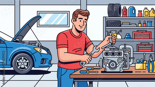 Vector illustration of a mechanic or car enthusiast tuning a generic engine on a workbench, automotive hobby and mechanical passion in flat vector style