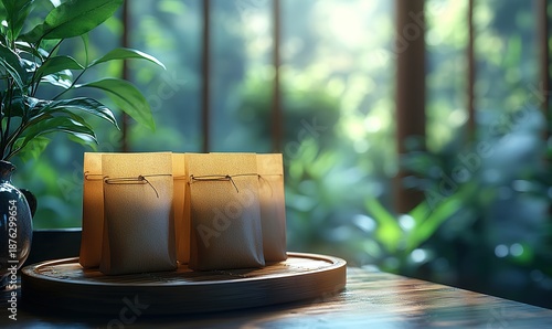 Relaxing herbal tea sachets on wooden table with serene green nature view