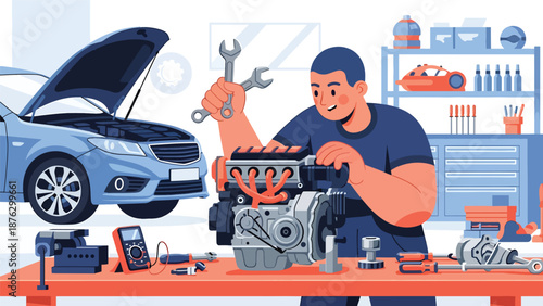 Vector illustration of a mechanic or car enthusiast tuning a generic engine on a workbench, automotive hobby and mechanical passion in flat vector style