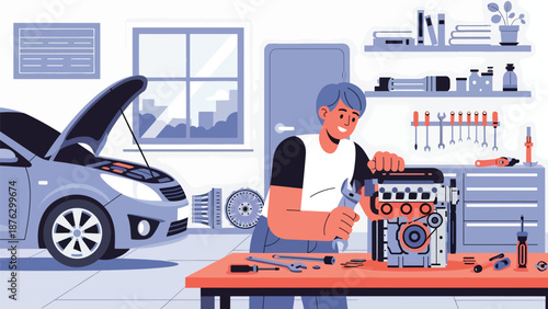 Vector illustration of a mechanic or car enthusiast tuning a generic engine on a workbench, automotive hobby and mechanical passion in flat vector style