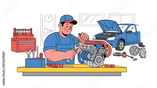 Vector illustration of a mechanic or car enthusiast tuning a generic engine on a workbench, automotive hobby and mechanical passion in flat vector style