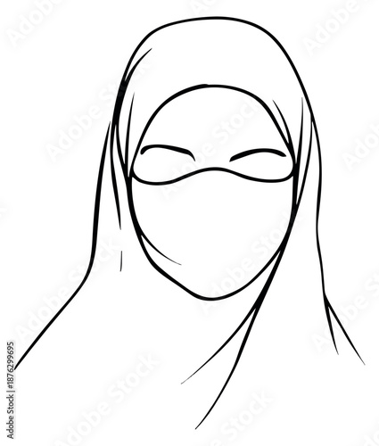 Hand drawn line art illustration of a Muslim woman depicting a niqab and hijab for cultural and religious identity