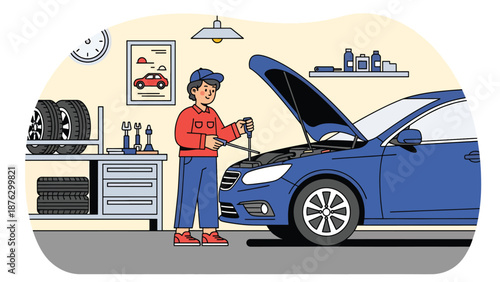 Flat vector illustration of a mechanic person checking vehicle fluids with open hood, casual automotive maintenance hobby in a home garage scene