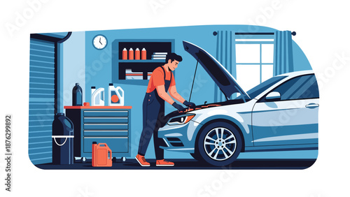 Flat vector illustration of a mechanic person checking vehicle fluids with open hood, casual automotive maintenance hobby in a home garage scene