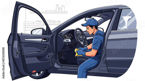 Vector illustration of a person cleaning car interior with vacuum and tools, automotive care hobby concept in clean flat vector style