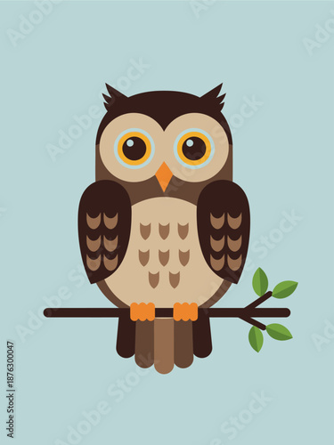 Charming flat design vector of a wise nocturnal bird, brown owl with large yellow eyes, perched on a simple branch against a soft blue background, symbolizing wisdom