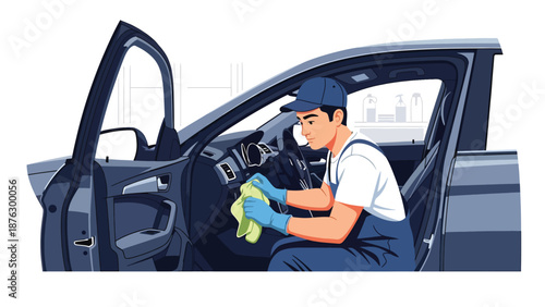 Vector illustration of a person cleaning car interior with vacuum and tools, automotive care hobby concept in clean flat vector style