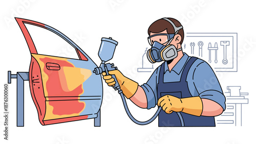 Flat vector illustration of a mechanic person painting a car panel in a workshop, automotive customization hobby with protective gear and solid color style