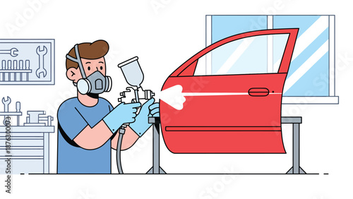 Flat vector illustration of a mechanic person painting a car panel in a workshop, automotive customization hobby with protective gear and solid color style