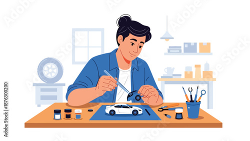 Vector illustration of a person assembling model cars at a worktable, creative automotive hobby and leisure activity in flat design