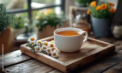 Steaming hot herbal tea in white mug with fresh daisies on rustic wooden tray.