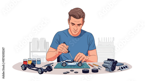Vector illustration of a person assembling model cars at a worktable, creative automotive hobby and leisure activity in flat design