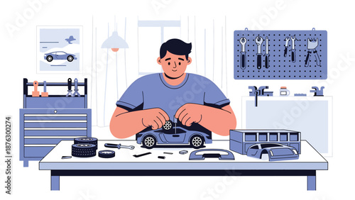 Vector illustration of a person assembling model cars at a worktable, creative automotive hobby and leisure activity in flat design