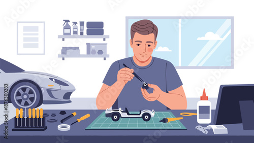 Vector illustration of a person assembling model cars at a worktable, creative automotive hobby and leisure activity in flat design