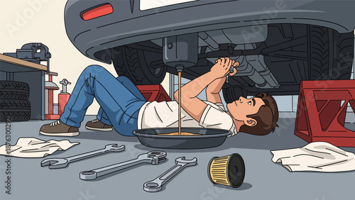 Flat vector illustration of a mechanic person changing engine oil in a garage, practical automotive maintenance hobby with tools and solid colors