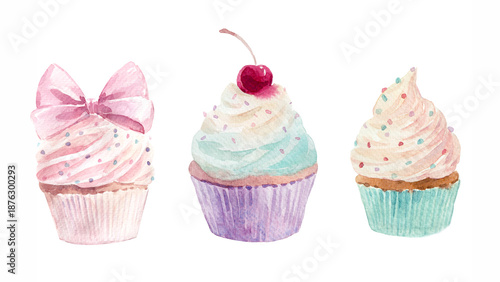 Watercolor sweets clipart set. Hand painted cupcakes, in soft pastel colors. Cute dessert collection with gentle texture, perfect for kids and baby designs, nursery decor, birthday invitations, party