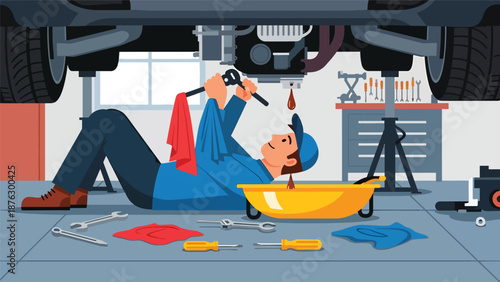 Flat vector illustration of a mechanic person changing engine oil in a garage, practical automotive maintenance hobby with tools and solid colors