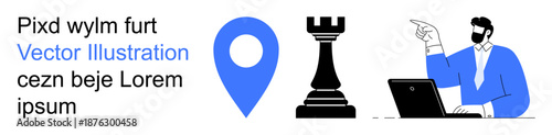 Business strategy, navigation planning, office professionalism, teamwork, decision-making, goal setting. Blue location pin, chess rook office professional pointing at a laptop. Business strategy