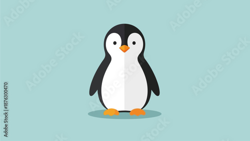 Flat design penguin illustration on a light blue background, a cute and simple cartoon bird