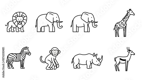 African Safari Animals Collection - Line Art Icons Set