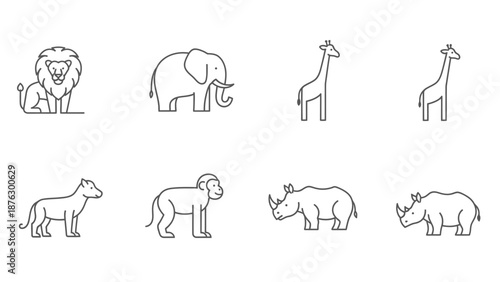African Safari Animals Outline Icons Set: Lion, Elephant, Giraffe, Rhino, Hyena, Monkey