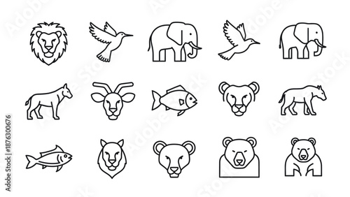 Animal Icons Set: Lion, Elephant, Bear, Bird, Fish, Goat, Hyena, Wolf, Lioness