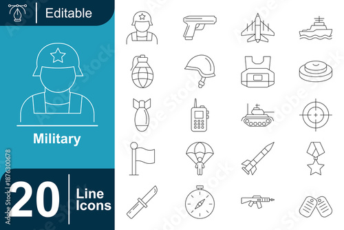 Military Icons Set - Line Art Collection