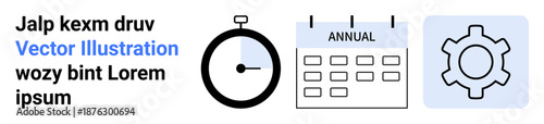 Stopwatch, annual calendar, and gear symbolizing time management, annual planning, and optimization. Ideal for productivity tools, scheduling apps, task management, time efficiency work
